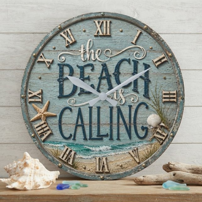 The Beach Is Calling Rustic Beach House Ocean  Large Clock (Creator Uploaded)