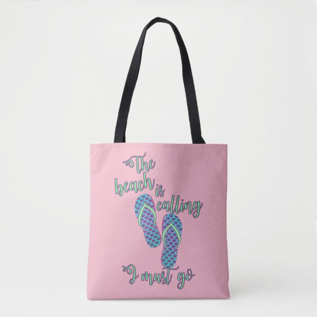 The Beach Is Calling With Mermaid Flip Flops Tote Bag (Front)
