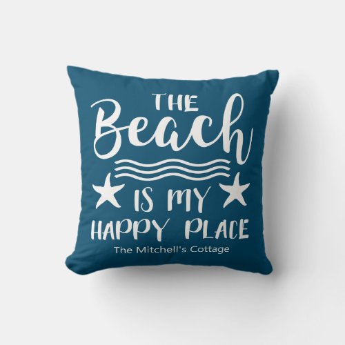 The Beach Is My Happy Place Quote Coastal Nautical Throw Pillow