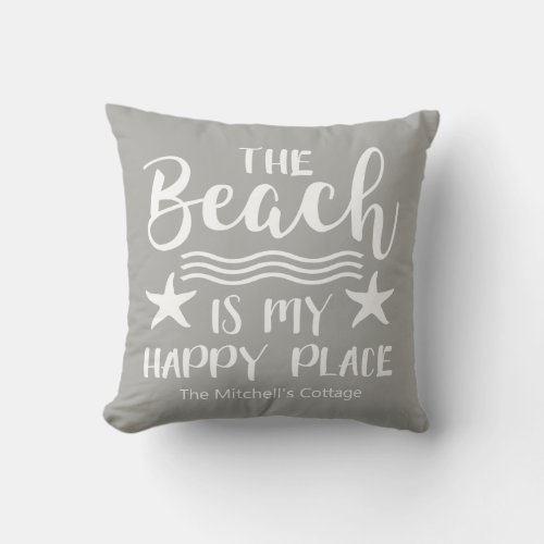 The Beach Is My Happy Place Quote Coastal Nautical Throw Pillow