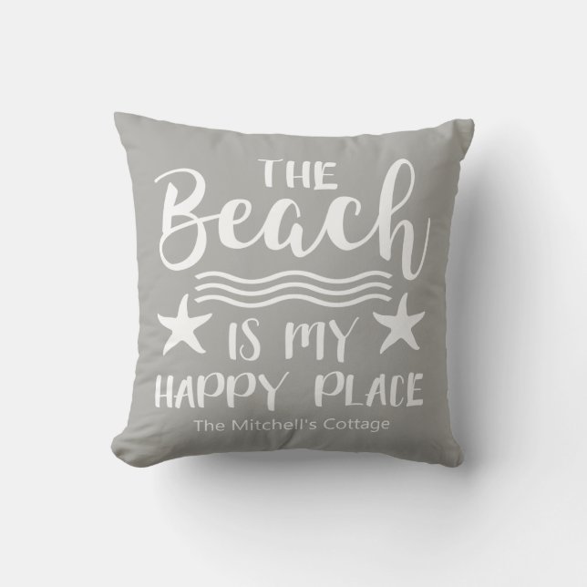 The Beach Is My Happy Place Quote Coastal Nautical Throw Pillow (Front)