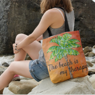 The Beach is My Therapy Orange Tropical Palm Tree  Crossbody Bag