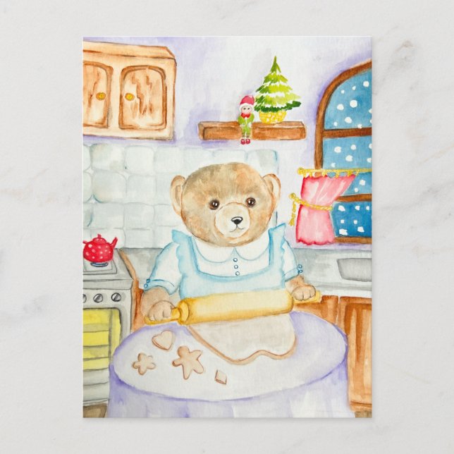 The bear bakes gingerbread holiday postcard (Front)