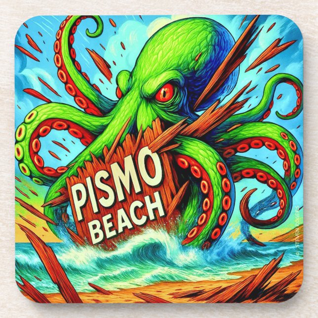 "THE BEAST FROM THE BREAKERS AT PISMO BEACH".  (6) BEVERAGE COASTER (Front)