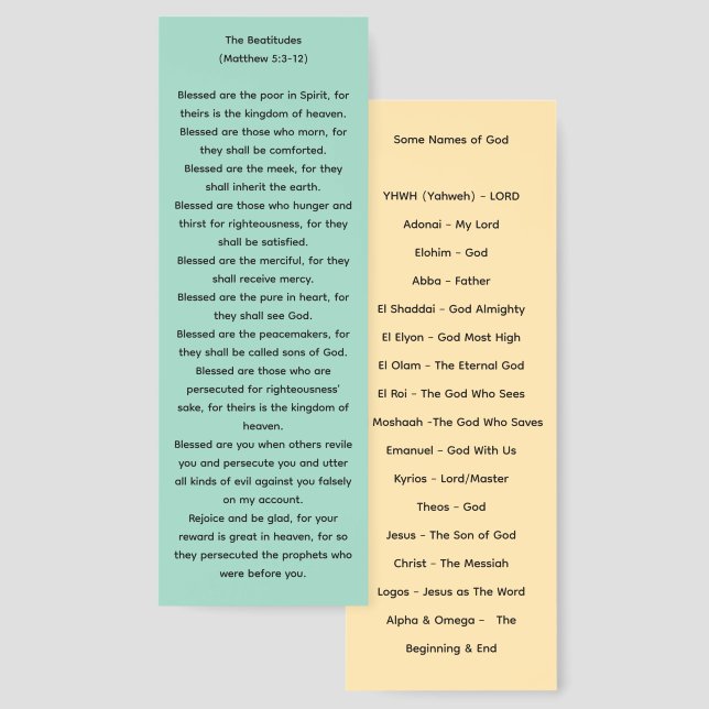 The Beatitudes and Names of God bookmark. Bookmarks (Front & Back)