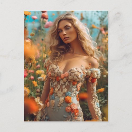 The Beautiful Blonde Woman in a Floral Dress Postcard