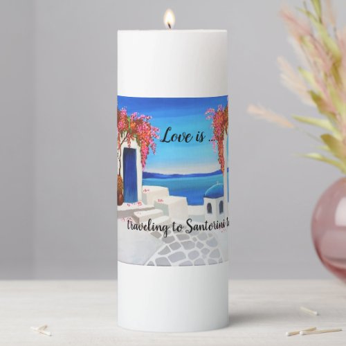 The beautiful island of Santorini in a candle Pillar Candle