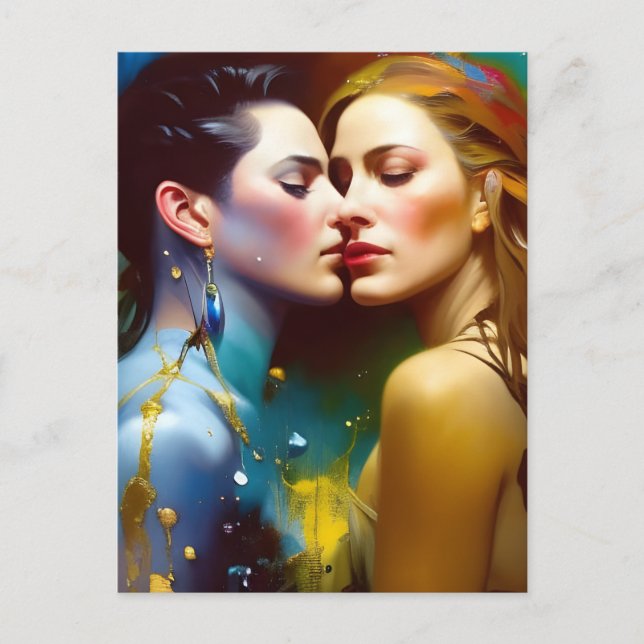 The Beautiful Lesbian Lovers Colorful Painting Postcard (Front)