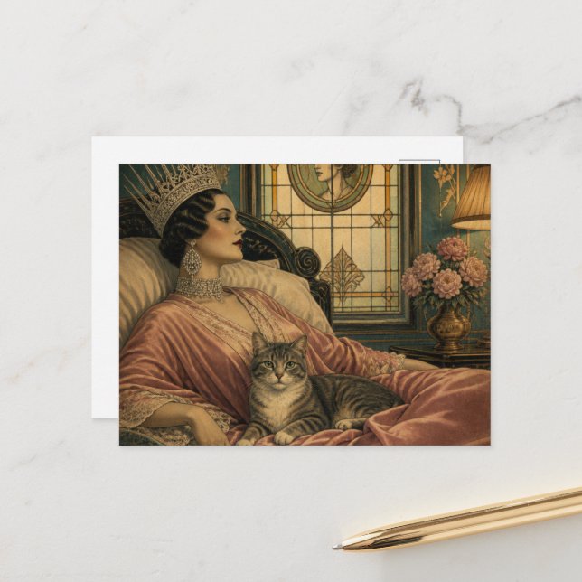 The Beautiful Retro Sleepy Queen and her Cat Postcard (Front/Back In Situ)