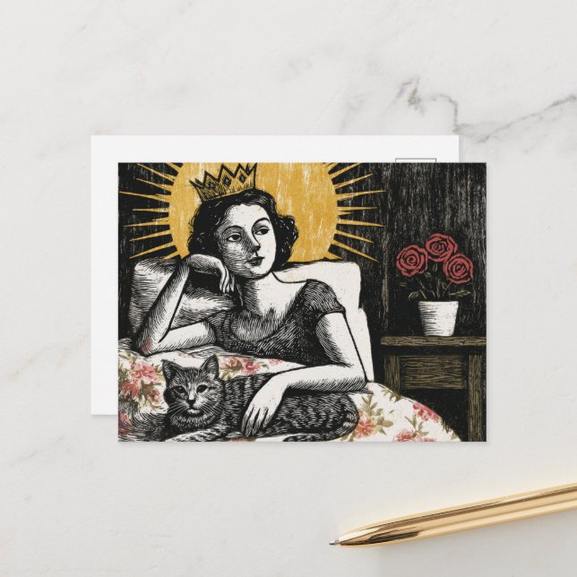 The Beautiful Sleepy Queen and her Cat Postcard (Front/Back In Situ)