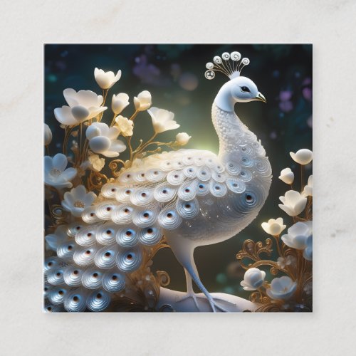 The beautiful white peacock is coalescing luminesc square business card