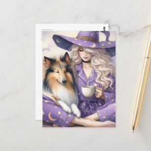 The Beautiful Witch and Her Collie Morning Coffee Postcard