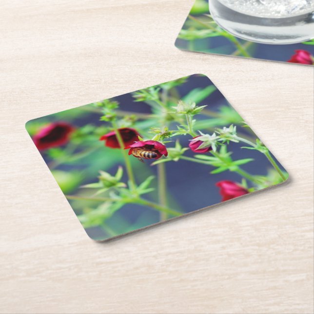 The Bee With the Red Flower Square Paper Coaster (Angled)