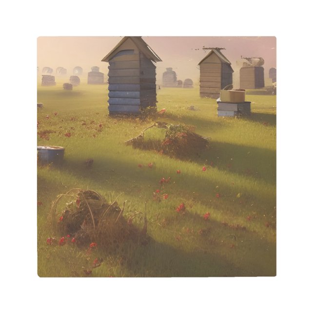 The Beehives Pastoral Art Scene Metal Wall Art (Front)