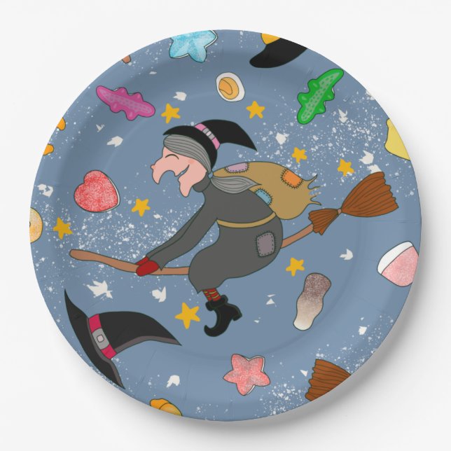 The befana comes at night with the broom pattern paper plates (Front)