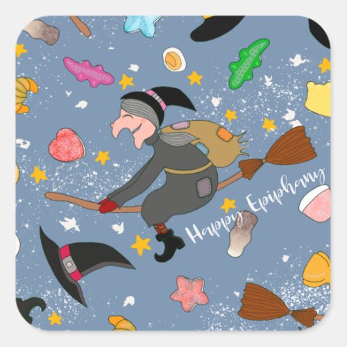 The befana comes at night with the broom pattern square sticker