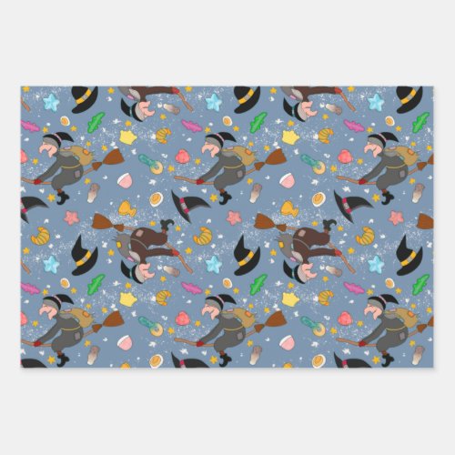 The befana comes at night with the broom pattern wrapping paper sheets