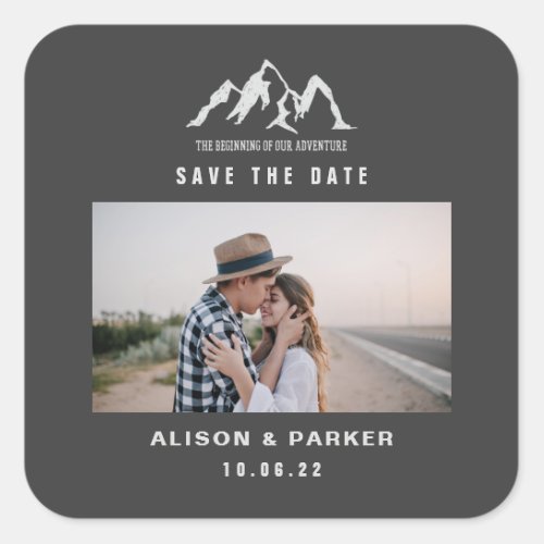 the beginning of our adventure save the date photo square sticker