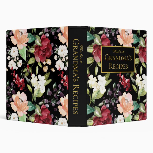 The Best Grandma's Recipes | Elegant Black Floral  3 Ring Binder (Background)