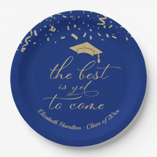 The Best Is Yet To Come Gold Blue Grad Party  Paper Plates