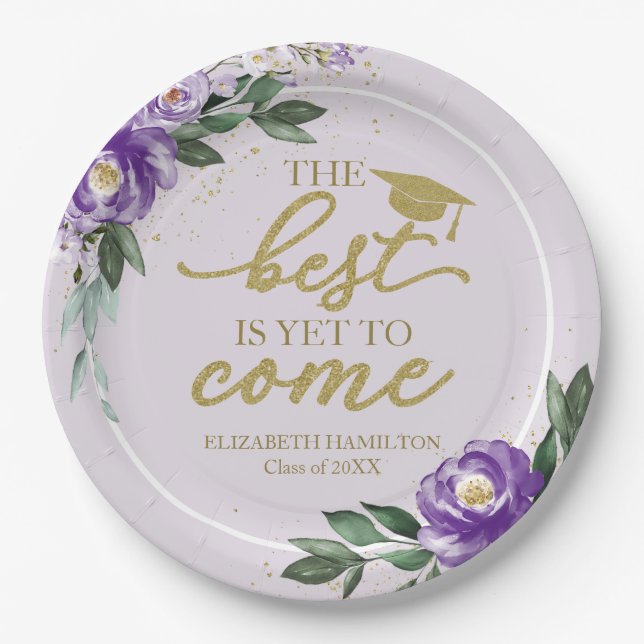 The Best Is Yet To Come Purple Floral Grad Party Paper Plates (Front)