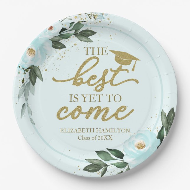 The Best Is Yet To Come Teal Floral Grad Party Paper Plates (Front)