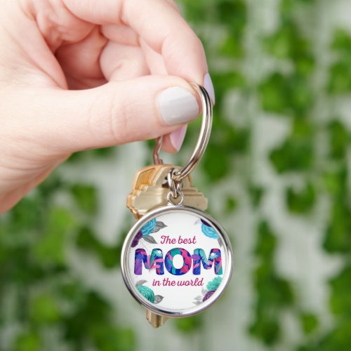 The Best MOM in the World Blue Violet Floral Keychain