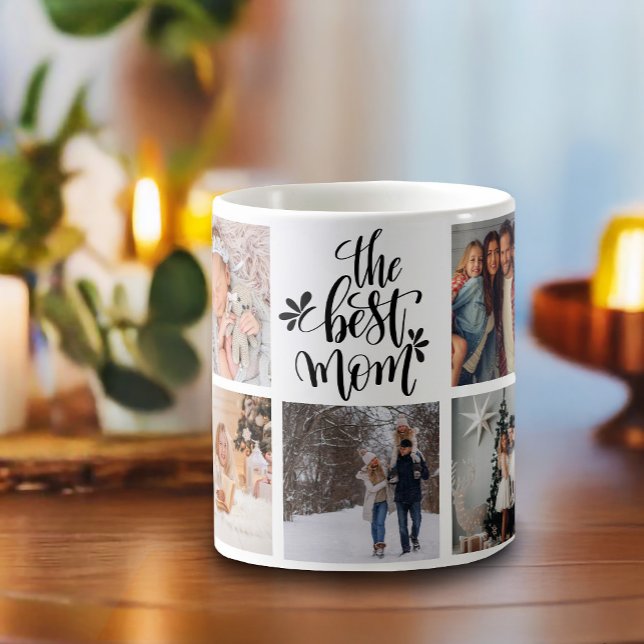 The Best Mom Photo Collage Modern Typography Coffee Mug (This modern mug features 9 square photos and hand-lettered "the Best Mom".)