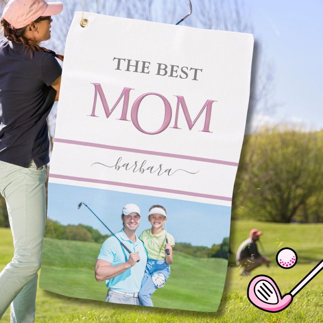 The Best Mom Photo Stylish Pink Lavender Lettering Golf Towel (Creator Uploaded)