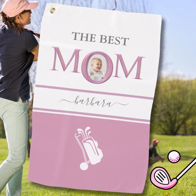 The Best Mom Photo Stylish Pink Lavender Lettering Golf Towel (Creator Uploaded)