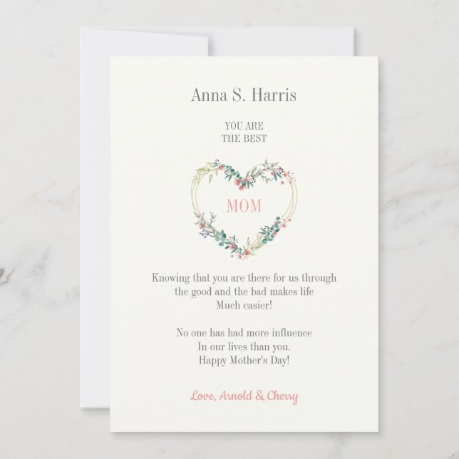 The Best Mom Quote on Pink Floral Heart Card (Back)