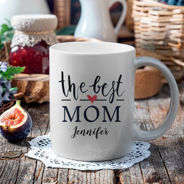 The Best Mom Watercolor Red Heart Name Coffee Mug (Celebrate your mom with this custom mug. This mug features the text "the best mom".)