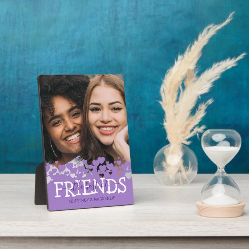 The Best of Friends Purple Photo Plaque - Cute friendship picture pillow featuring a photo of you and your bestie, a purple heart design, the saying "the best of friends", and your names.