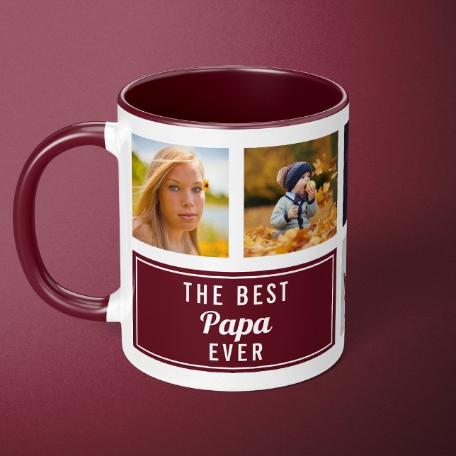 The Best Papa Ever Burgundy Collage Custom Photo Mug (Creator Uploaded)
