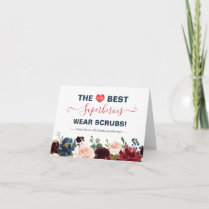 The Best Superheroes Wear Scrubs Burgundy Floral Letterpress Thank You Card