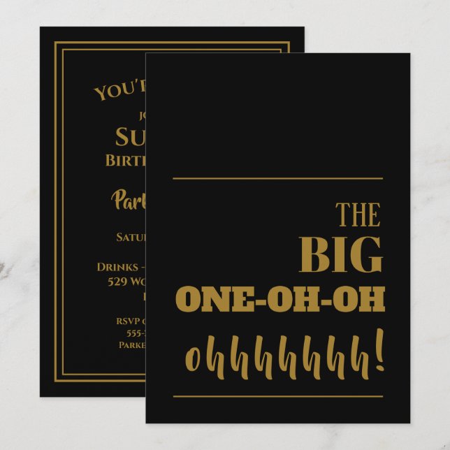 The BIG 100 Black Gold Birthday Party Invitation (Front/Back)