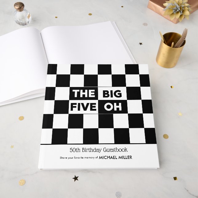 The Big 5 Oh Black White Checkered 50th Birthday Guest Book (Front Open)