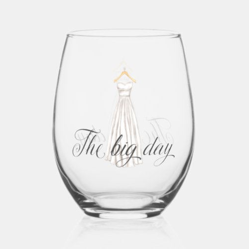The Big Day Modern White Wedding Dress  Stemless Wine Glass