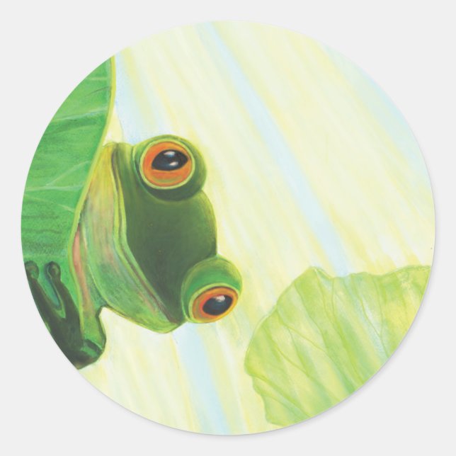 The big-eyed green frog behind lily pad   classic round sticker (Front)