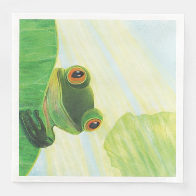 The big-eyed green frog behind lily pad   paper dinner napkins (Front)