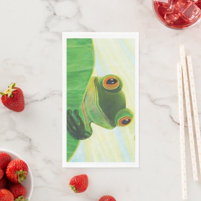 The big-eyed green frog behind lily pad   paper guest towels (Insitu)