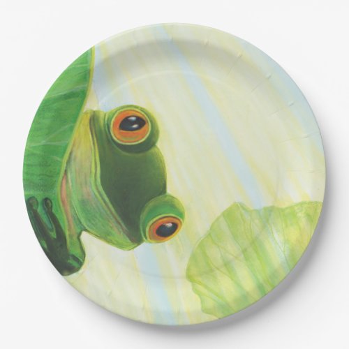 The big_eyed green frog behind lily pad   paper plates