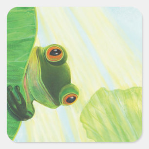 The big-eyed green frog behind lily pad square sticker