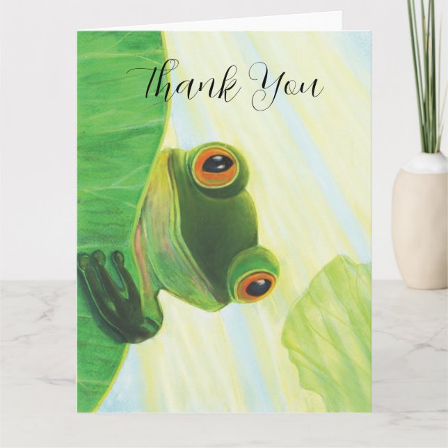 The big-eyed green frog behind lily pad   thank you card (Front)