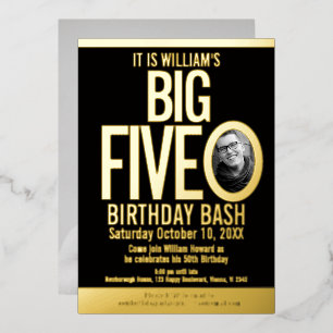 The Big Five 0 50th Birthday graphic photo Foil Invitation