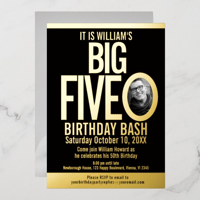 The Big Five 0 50th Birthday graphic photo Foil Invitation (Front/Back)