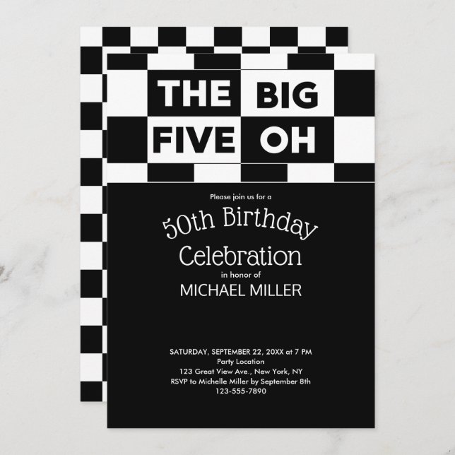 The Big Five Oh Black and White Checkered Pattern Invitation (Front/Back)