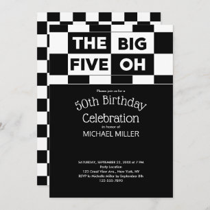 The Big Five Oh Black and White Checkered Pattern Invitation