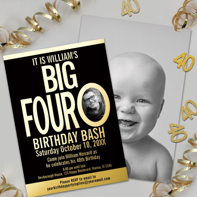 The Big Four 0 40th Birthday graphic photo black Foil Invitation (Creator Uploaded)