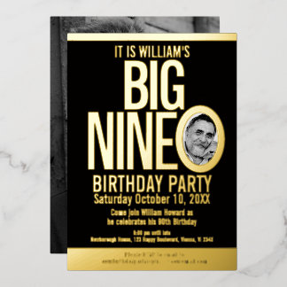 The Big Nine 0 90th Birthday graphic photo Foil Invitation